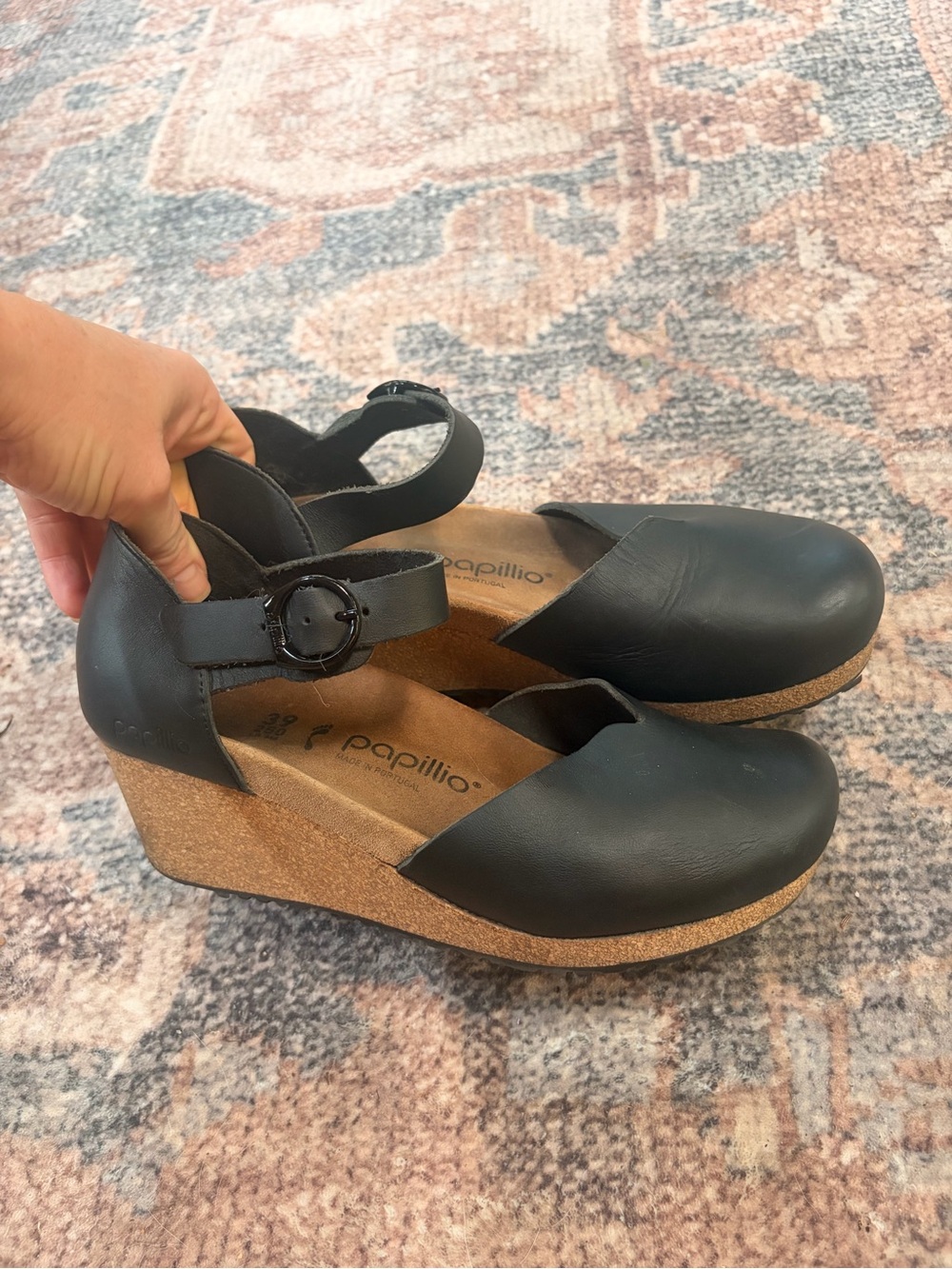 Papillio Black Closed-Toe Cork Wedge Sandals with Ankle Strap